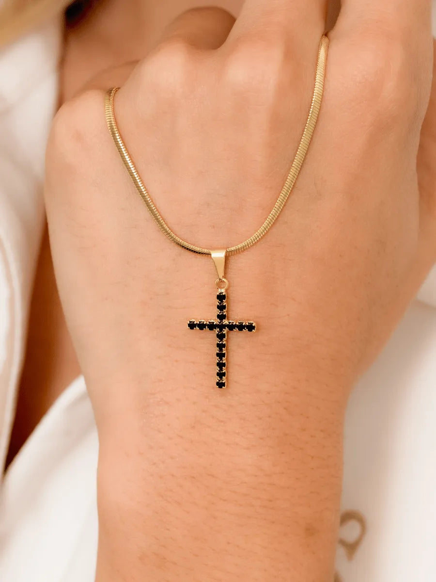 Dije Cruz Circonias Mediana Cristal y Negra