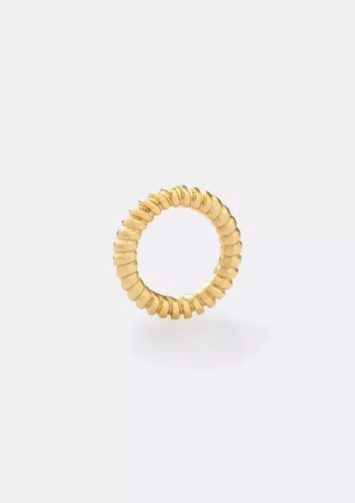 El anillo de oro Herraje Aro Ohana, con un diseño acanalado y segmentado, se presenta sobre un fondo blanco liso, personificando la elegancia de Joyas en Oro Laminado 18K.