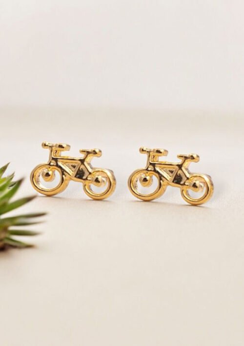 Un par de bicicletas Aretes, elaboradas en Oro laminado 18K, expuestas sobre una superficie blanca con una pequeña planta verde parcialmente visible en el lado izquierdo.