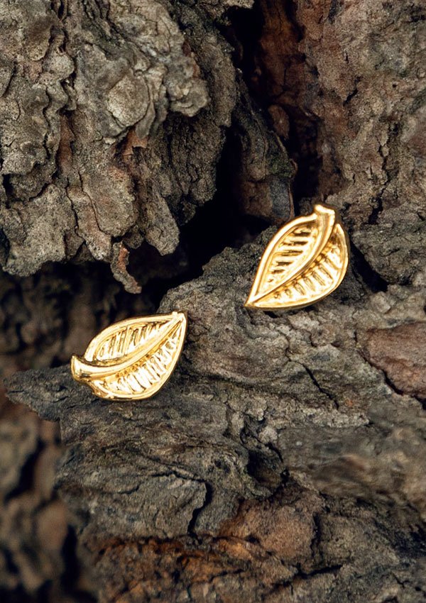 Dos exquisitos Aretes Hoja, elaborados en oro laminado de 18 quilates, descansan elegantemente sobre una corteza de árbol marrón texturizada.